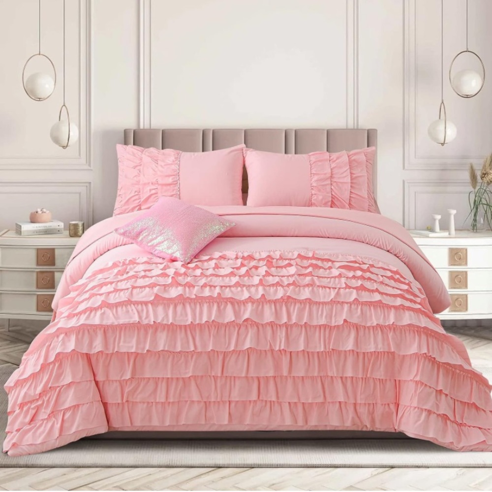 6 pcs full size waterfall ruffle comforter set pink bed in a bag